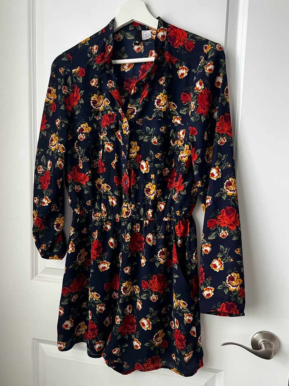 Divided Navy Floral Long-Sleeve Dress with Red & Gold Roses